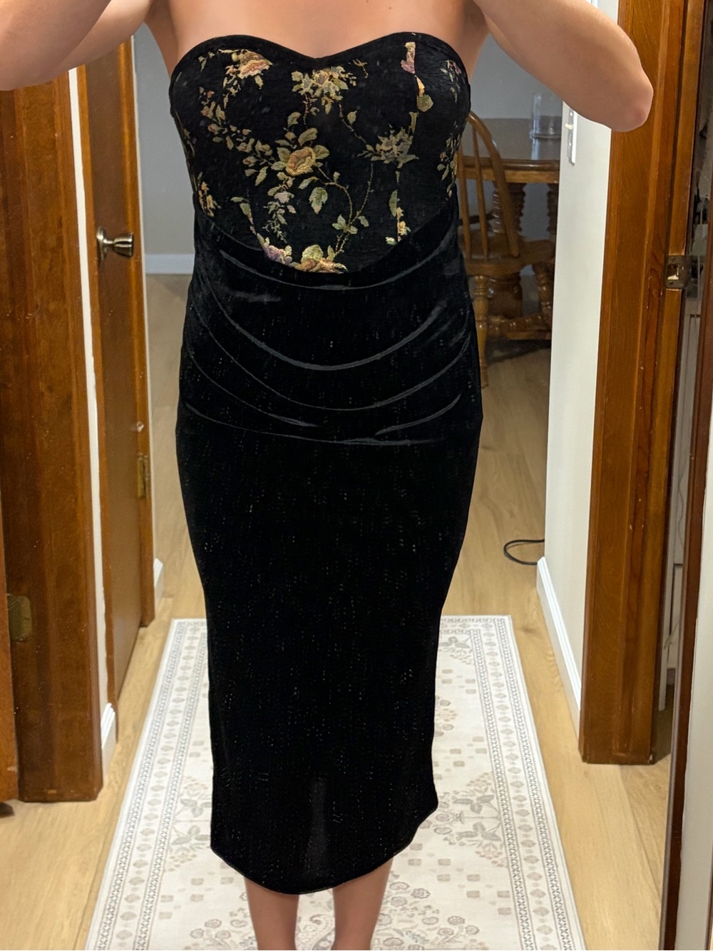 Strapless Black Velvet Midi Dress with Gold Floral Bust